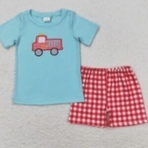 Blue Truck Tee and Red Checkered Shorts Set